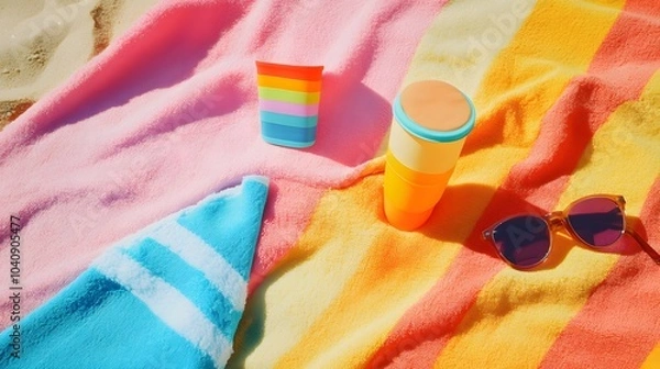Fototapeta Beach Essentials on Colorful Towel