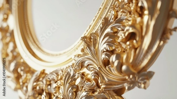 Fototapeta An exquisite oval frame in gold, featuring elaborate baroque designs, floating against a soft white backdrop, exuding timeless elegance through dramatic lighting