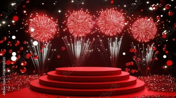 Fototapeta A red large podium surrounded by four floor fireworks and stage lights. Festive background around with confetti and lights. 