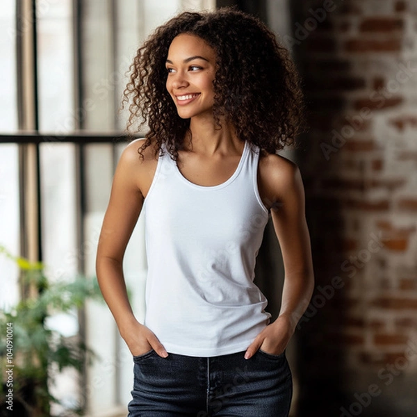 Fototapeta woman wearing minimalist white tank top stands confidently with her hands in her pockets, showcasing simple yet stylish design in bright, airy space