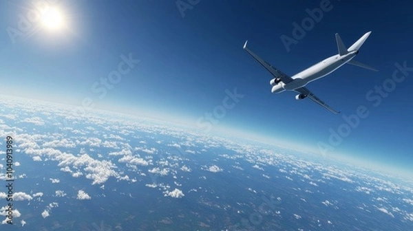 Fototapeta 2410 60.A commercial jet flying high over the horizon, framed by a deep blue sky with scattered clouds. The aircraft white, blank livery gives it a sleek, modern appearance as it moves effortlessly