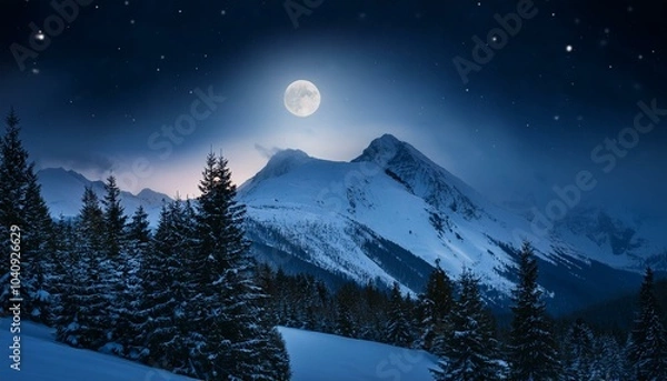 Obraz 【リアルな風景】月光に照らされた夜の雪山