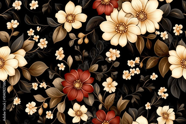 Fototapeta A black and white floral pattern with red and white flowers. The flowers are arranged in a way that creates a sense of depth and movement. Scene is serene and calming