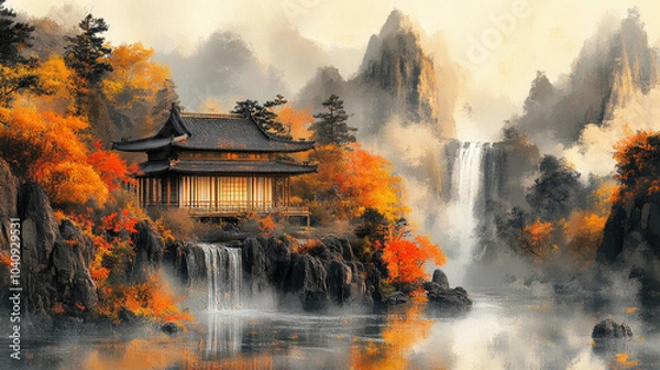 Obraz Mountain Waterfalls, Pavilions, and Rivers, Chinese Painting