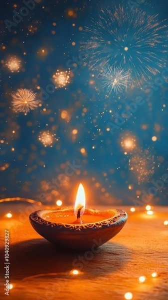 Obraz Banner design for diwali festival and purple podium,Diwali light decoration candle with fireworks,Stage,Product display Showcase design sparkle background,Deepavali,Dipavali,3D podium illustration.