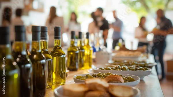 Fototapeta A group of participants at Las Jornadas del Olivar y el Aceite tasting different varieties of olive oil, blurred background with tables filled with olive oil bottles and bread for dipping