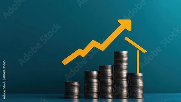 Fototapeta Blue Upward arrow on money coin stack as growth graph steps in home shape symbol,Savings, income, home investment, real estate price value, property profit concepts,the rising price of real estate.