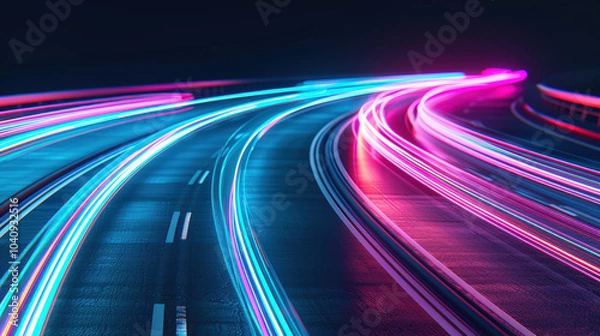 Fototapeta Vibrant electric blue and purple light effects streak across dark road, creating dynamic and energetic atmosphere. flowing lines evoke sense of speed and movement