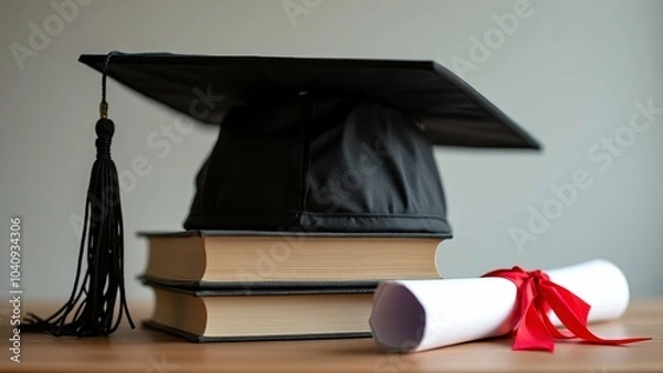 Obraz Graduation Cap on Books with Diploma Roll, Symbolizing Education and Academic Success