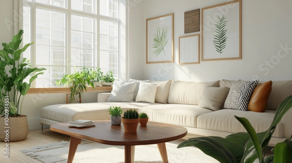 Fototapeta A bright and airy living room featuring cozy sectional sofa adorned with decorative pillows. space is enhanced by lush green plants and stylish wall art, creating serene atmosphere