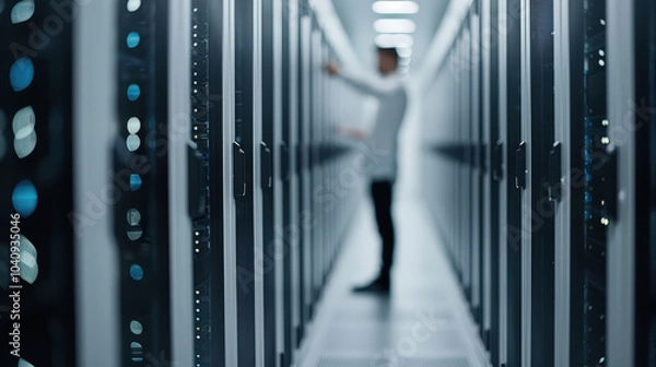 Fototapeta Data center technician working on server maintenance in modern facility, surrounded by rows of server racks. environment is high tech and organized, emphasizing importance of data management