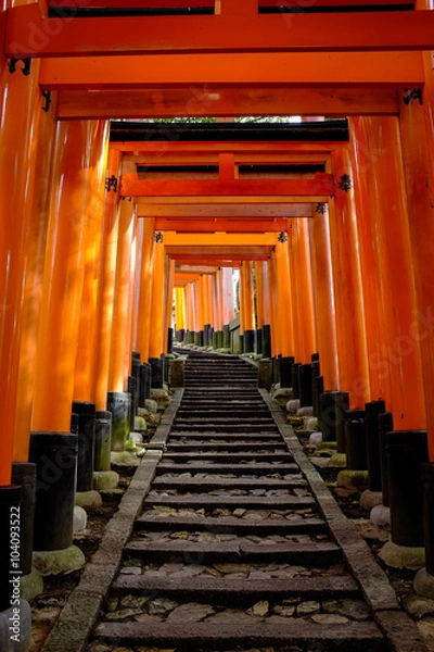 Obraz Red Torii tunnel going uphill at Fushimi Inari shrine in Kyoto, Japan.