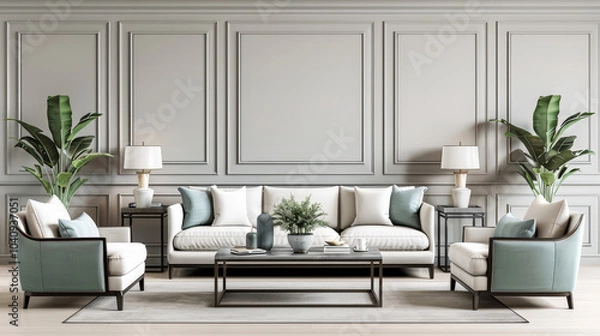 Fototapeta Elegant modern living room featuring pastel sofa, stylish armchairs, and decorative plants, creating serene and inviting atmosphere