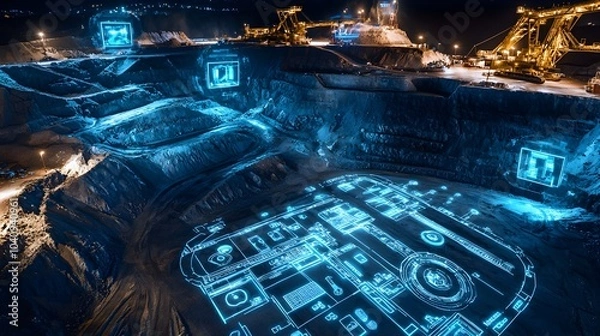 Fototapeta Futuristic mining site at night with holographic projections visualizing drilling locations resource distribution and environmental impact reports