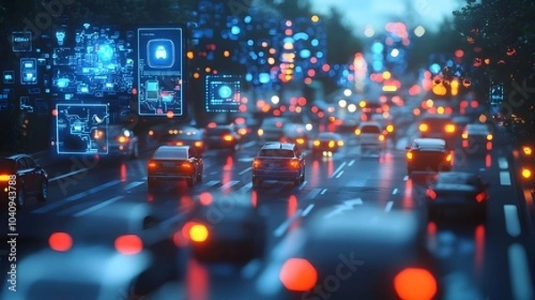 Fototapeta Futuristic smart city traffic management system with holographic screens displaying real time vehicle tracking emergency vehicle routing