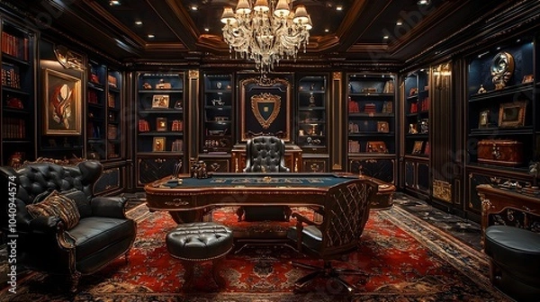 Fototapeta Luxurious Game Room with a Grand Gaming Desk Comfortable Plush Seating and Stunning Crystal Chandeliers Providing a Sophisticated and Inviting Atmosphere for Relaxation and Entertainment
