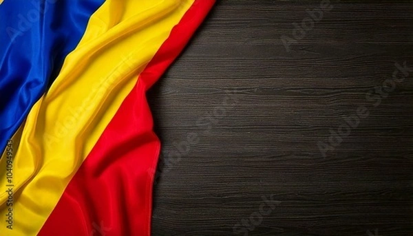 Obraz Romanian flag on wooden dark background with space for text