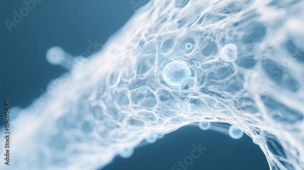 Fototapeta A close up view of translucent, organic structure resembling cells or fibers, showcasing intricate details and soft blue background. This image evokes sense of scientific exploration and discovery