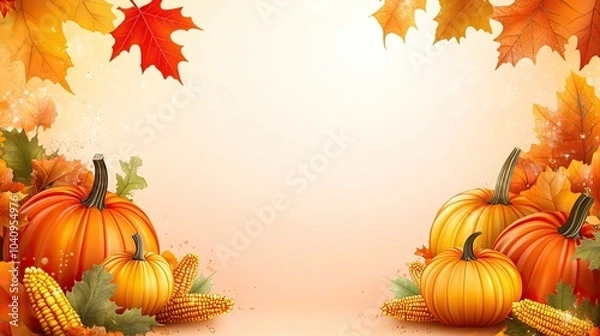 Fototapeta Autumnal Background with Pumpkins, Corn, and Leaves