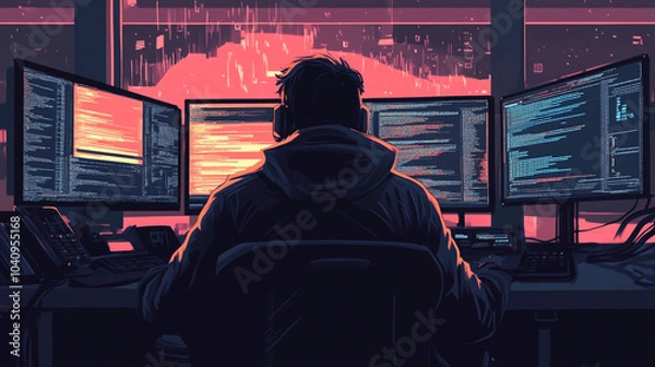 Fototapeta Illustration of a deep dark web bad actor hacker sitting in front of multiple monitor screens that display data information stolen identity cyber security threat