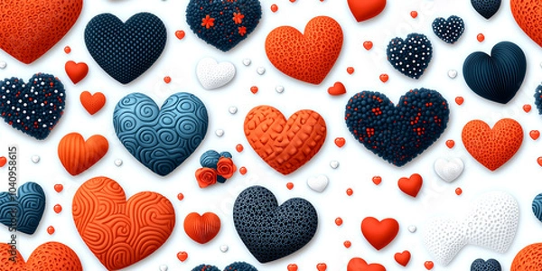 Fototapeta A collection of hearts in various colors and sizes are arranged in a pattern on a white background. Concept of warmth and love, as the hearts are often associated with these emotions