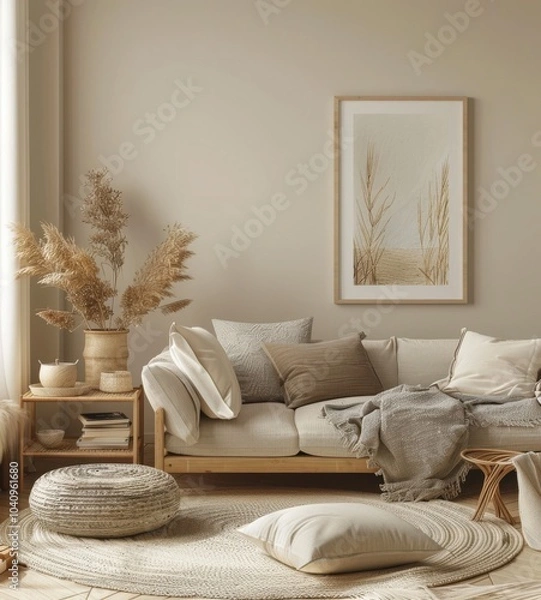 Fototapeta 「居心地の良いミニマルなリビングルームインテリア。中間色でまとめられ、快適なソファ、クッション、スタイリッシュな装飾品が置かれています。温かみのある魅力的な雰囲気を演出します。