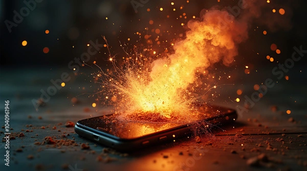 Fototapeta Smartphone explosion with fiery burst of flames and sparks