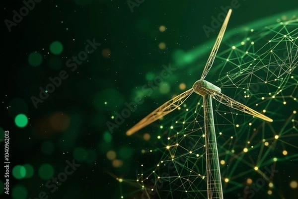 Fototapeta Green Energy Innovation: A futuristic wind turbine, rendered in gold and green hues, stands against a dark, bokeh backdrop, symbolizing sustainable energy solutions and technological advancement.