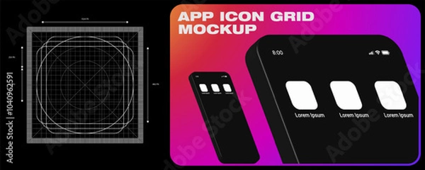 Fototapeta App icon grid Mockup. Icon template for mobile application, operating system. Vector with dimensions and development grid line. Mobile 3D