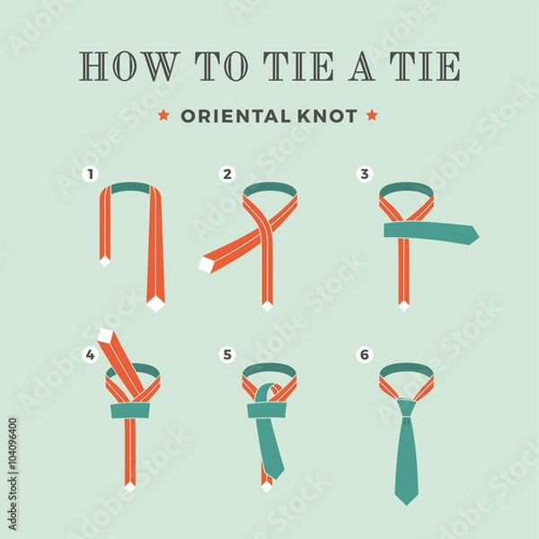 Obraz Instructions on how to tie a tie on the turquoise background of the eight steps. Oriental knot . Vector Illustration.