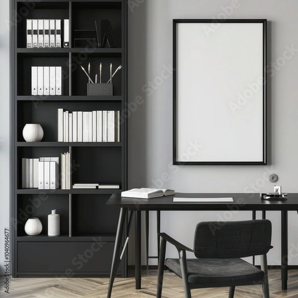 Fototapeta 「縦長のポスターのモックアップ、黒いデスク、椅子、本棚、装飾品、そして寄木張りの床を備えたミニマルなホームオフィスインテリア。
