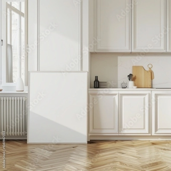 Fototapeta 「ミニマルな白いキッチンインテリア。クラシックなデザインと木製の床。壁のモックアップテンプレート。