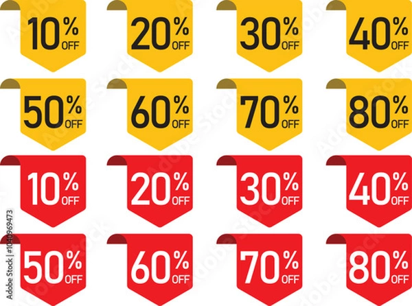 Fototapeta Discount Sticker Product Tag Set: Shopping Discount Labels with 10% to 80% Off – Vector Badges on Transparent Background