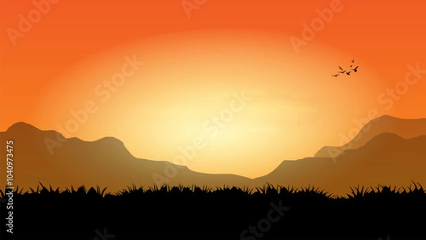 Fototapeta graphics drawing landscape view outdoor of sunset with grass on the ground for wallpaper background vector illustration