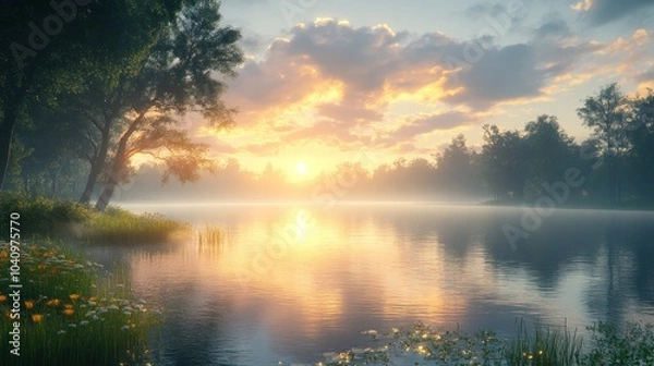 Fototapeta Serene sunrise over a misty lake, surrounded by lush greenery.