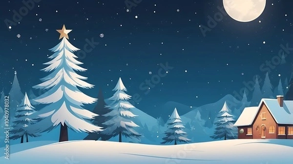 Fototapeta Winter Christmas Tree by a Cozy Home with Snow, Moon, and Space for Text