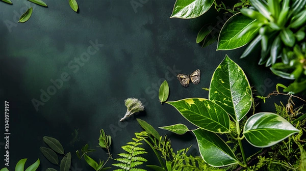 Obraz Natural Green Background with Butterfly and Tropical Leaves