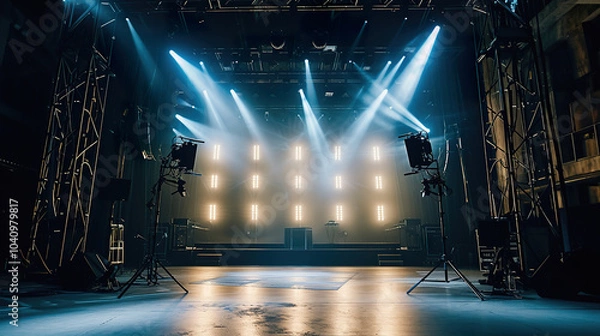 Obraz empty professional stage set for performance with dramatic lighting and modern stage equipment