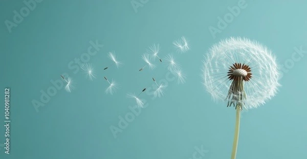 Fototapeta A dandelion with seeds floating away on a blue background.