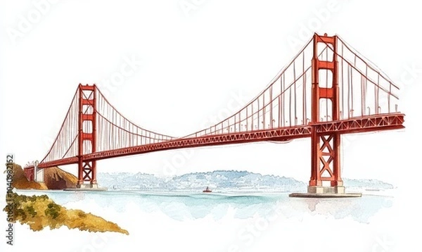 Fototapeta PNG format watercolor art depicting the Golden Gate Bridge and its architectural significance in San Francisco.