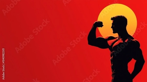 Fototapeta Strong silhouette of a muscular man flexing under a sunset, symbolizing strength and confidence against a vibrant red background.