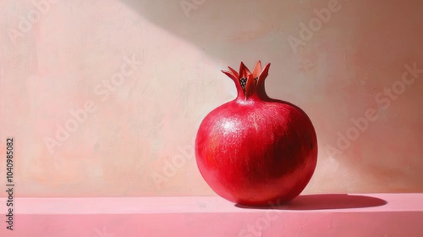 Fototapeta A pomegranate resting on a soft pink background, creating a light and playful contrast between the rich fruit and pastel tones.