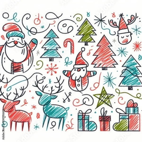 Fototapeta Festive Christmas Doodle with Santa, Reindeer and Holiday Decorations with Generative AI.