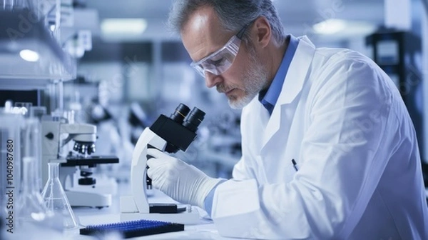 Fototapeta A medical researcher working in a lab, examining test results under a microscope with lab equipment in the background, Scientific style