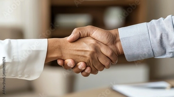Fototapeta A lawyer shaking hands with a client, symbolizing the promise of legal support, lawyerclient handshake, legal commitment