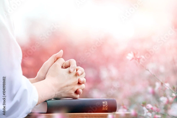 Obraz Christian praying and worshiping with both hands clasped on the holy bible, with a beautiful flower field in the background
