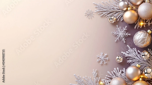 Fototapeta Elegant Christmas decorations featuring silver ornaments and frosted pine branches set against a soft pastel background