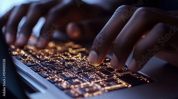 Fototapeta A high-resolution shot of hands typing on a laptop, with intricate circuits gently glowing around the keyboard.