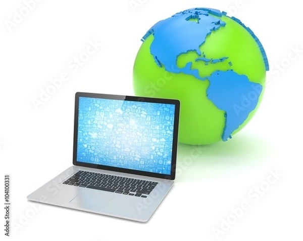 Fototapeta Laptop network and earth globe. 3d render