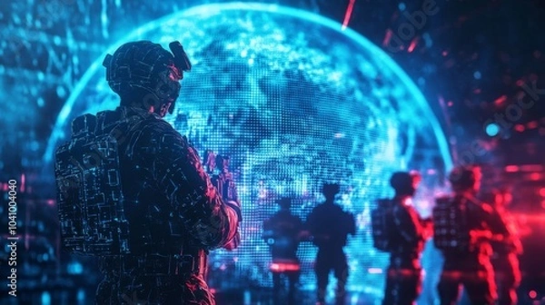 Fototapeta The fusion of technology and military presence highlights the seriousness of cyber threats worldwide. 